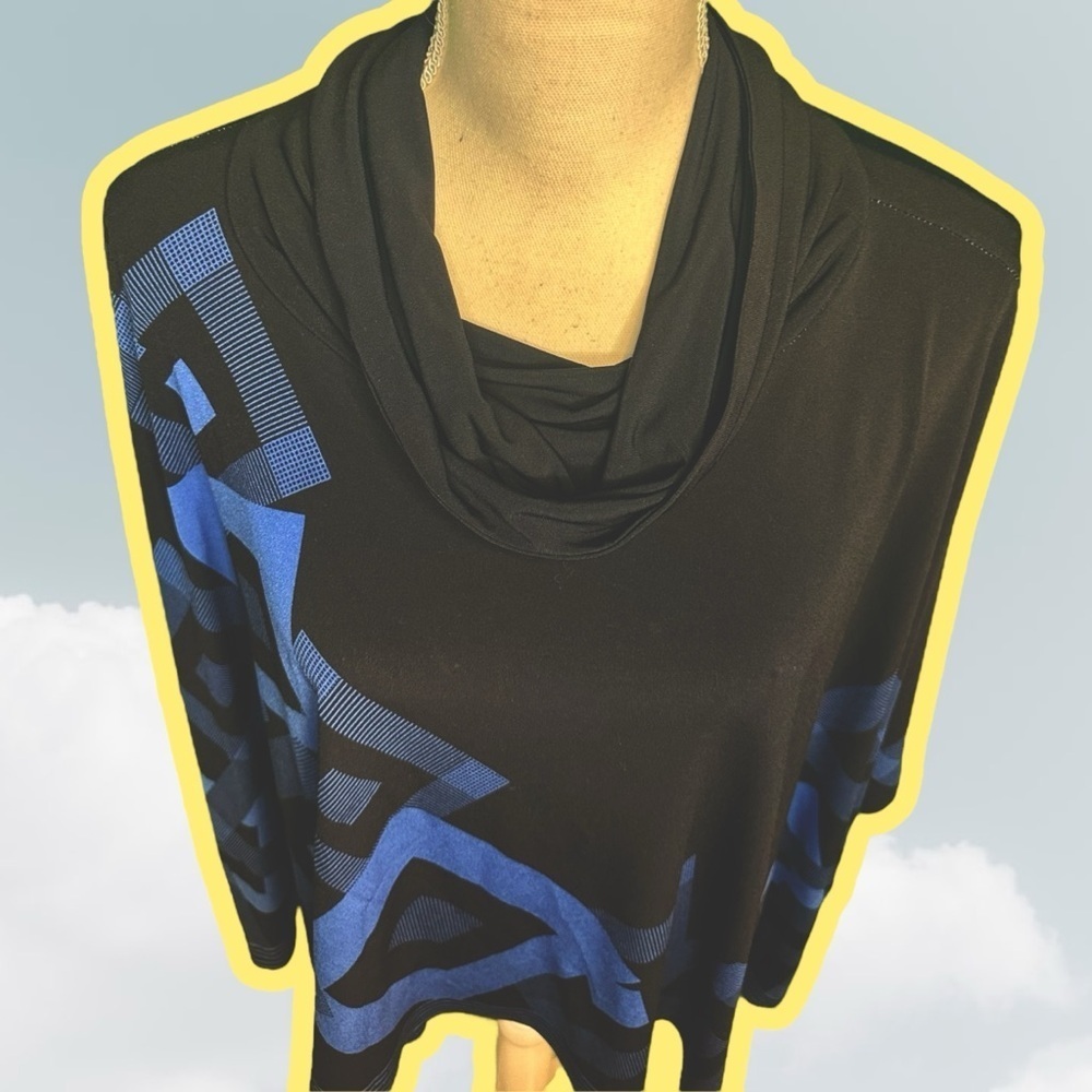 Joseph Ribkoff Navy Blue Geometric Print Jersey Knit Cowl Neck Poncho One Size - Picture 3 of 11